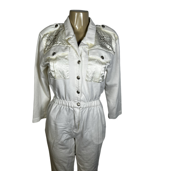 Vintage Saint Germain Paris Jumpsuit Womens 10 White Button Down Embellished 80s - Picture 1 of 16